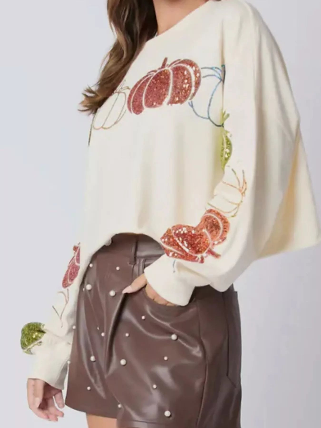 Sarah Express Women's Sequined Pumpkin Halloween Crop Sweatshirt