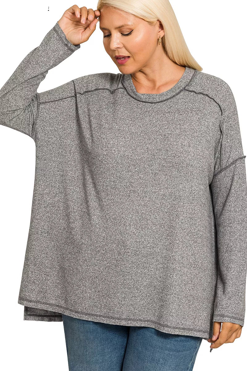 Sarah Express Women’s Plus Size Melange Hacci Tee with Exposed Seam Hi-Low Hem
