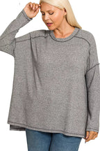 Sarah Express Women’s Plus Size Melange Hacci Tee with Exposed Seam Hi-Low Hem
