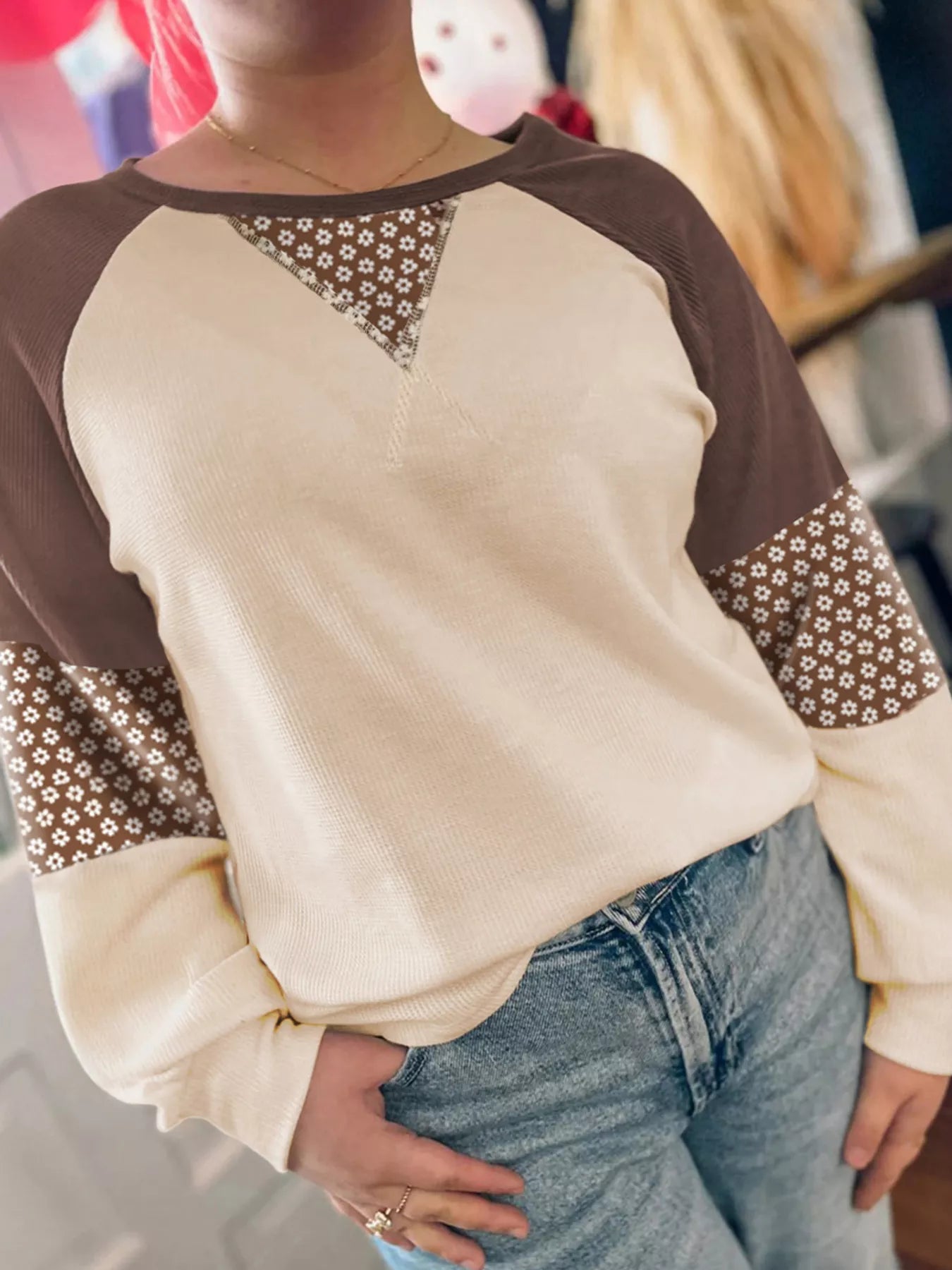 Sarah Express Women's Floral Print Patchwork Color Block Long Sleeve Top Brown