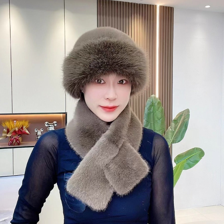 Women's Plush Winter Hat Scarf Set Dome Cap Warm Windproof