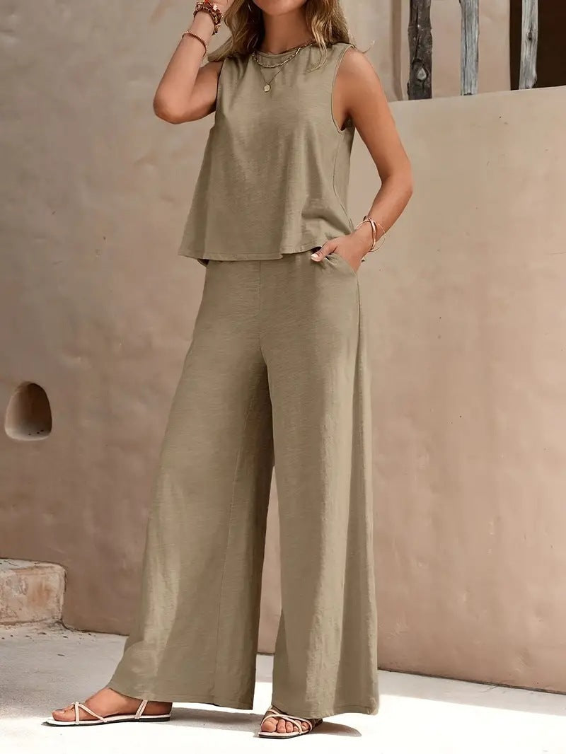 Women's Sleeveless Top and Wide Leg Pants Two Piece Set