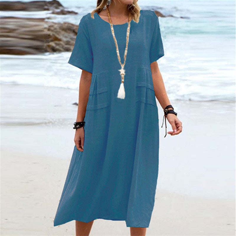 Women's Loose Casual Midi Dress Short Sleeve Summer Beach Cotton Linen Style