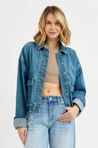 Sarah Express Women’s Oversized Denim Jacket with Cargo Pockets Casual
