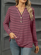 Sarah Express Women's Striped Henley T-Shirt with Button Detail
