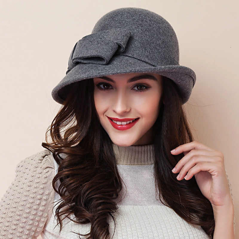 Women's French Style Retro Bowler Hat Dome Crown with Bow Accent Polyester