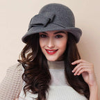 Women's French Style Retro Bowler Hat Dome Crown with Bow Accent Polyester