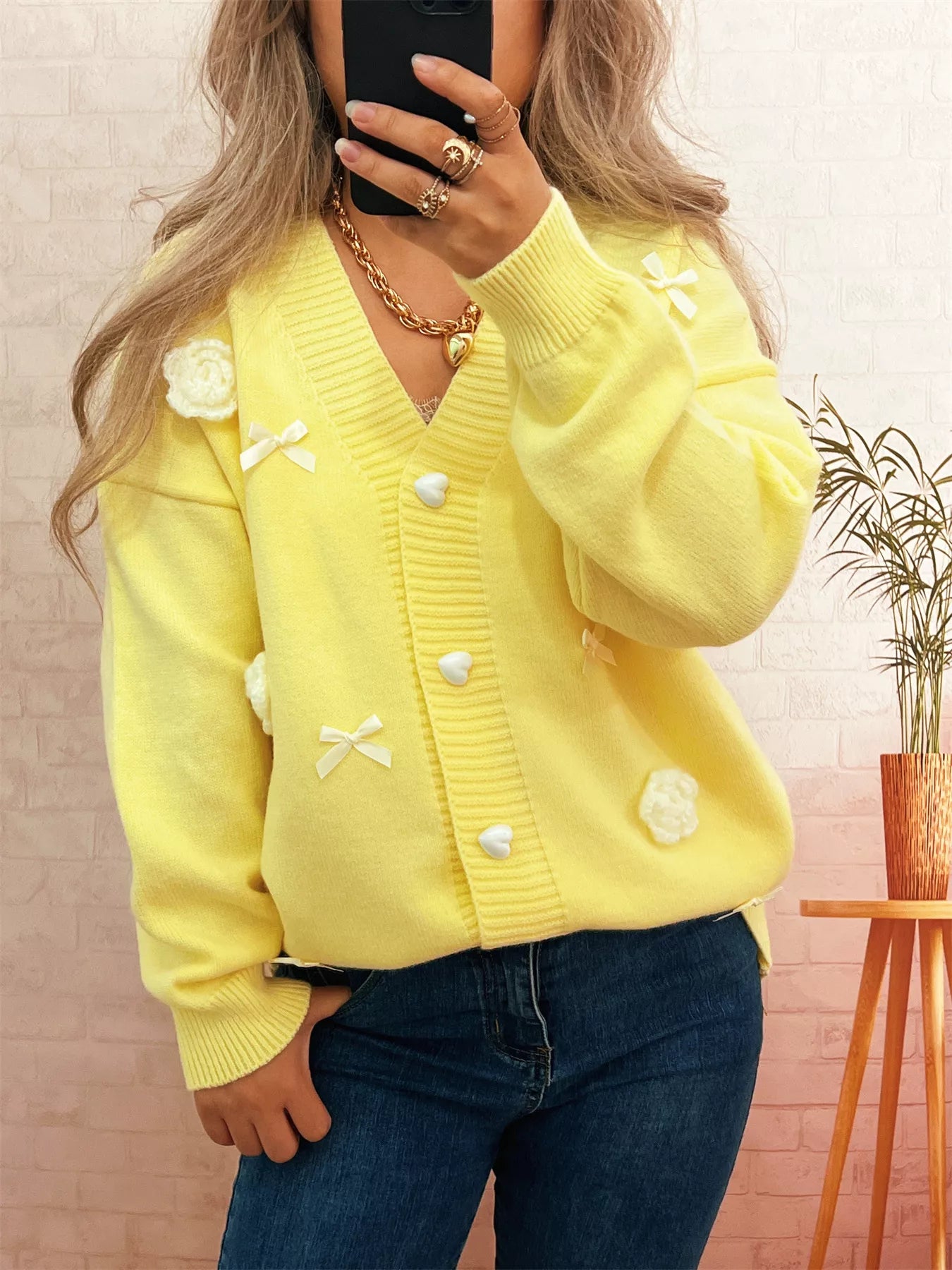 Sarah Express Women's Flower Heart Button Long Sleeve Cardigan