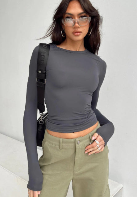 Women's Long Sleeve Pullover Top Round Neck Casual Solid Color Shirt