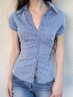 Sarah Express Women's Striped Button-Down Collared Shirt