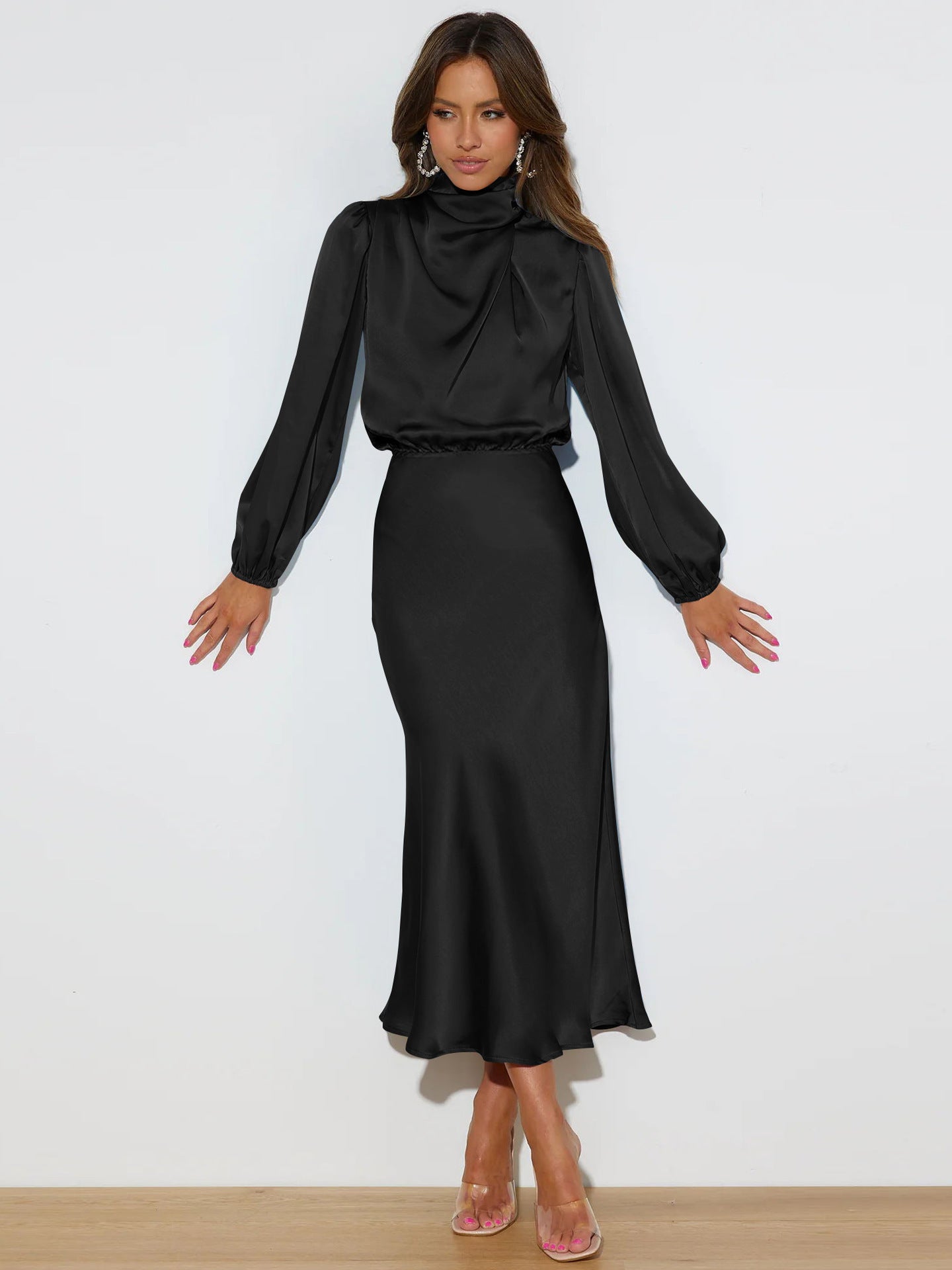 Women's Satin Formal Dress Halter Neck Long Sleeve Evening Midi Elegant
