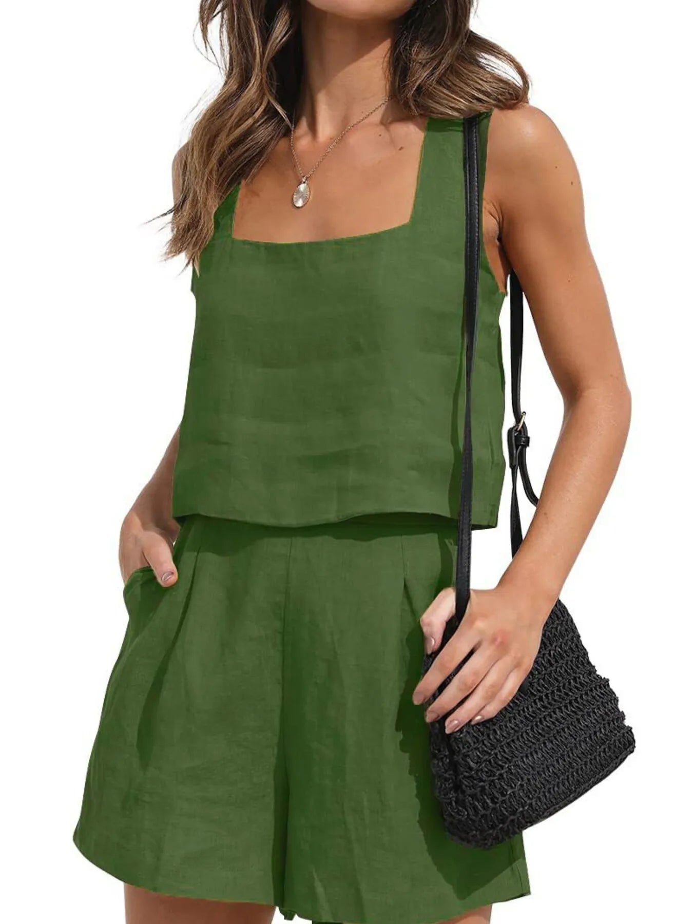 Sarah Express Women's Square Neck Tank and Shorts Set Army Green