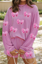Sarah Express Women's Corded Rib Sequin Bow Patched Long Sleeve Top and Shorts 2pcs Set Pink