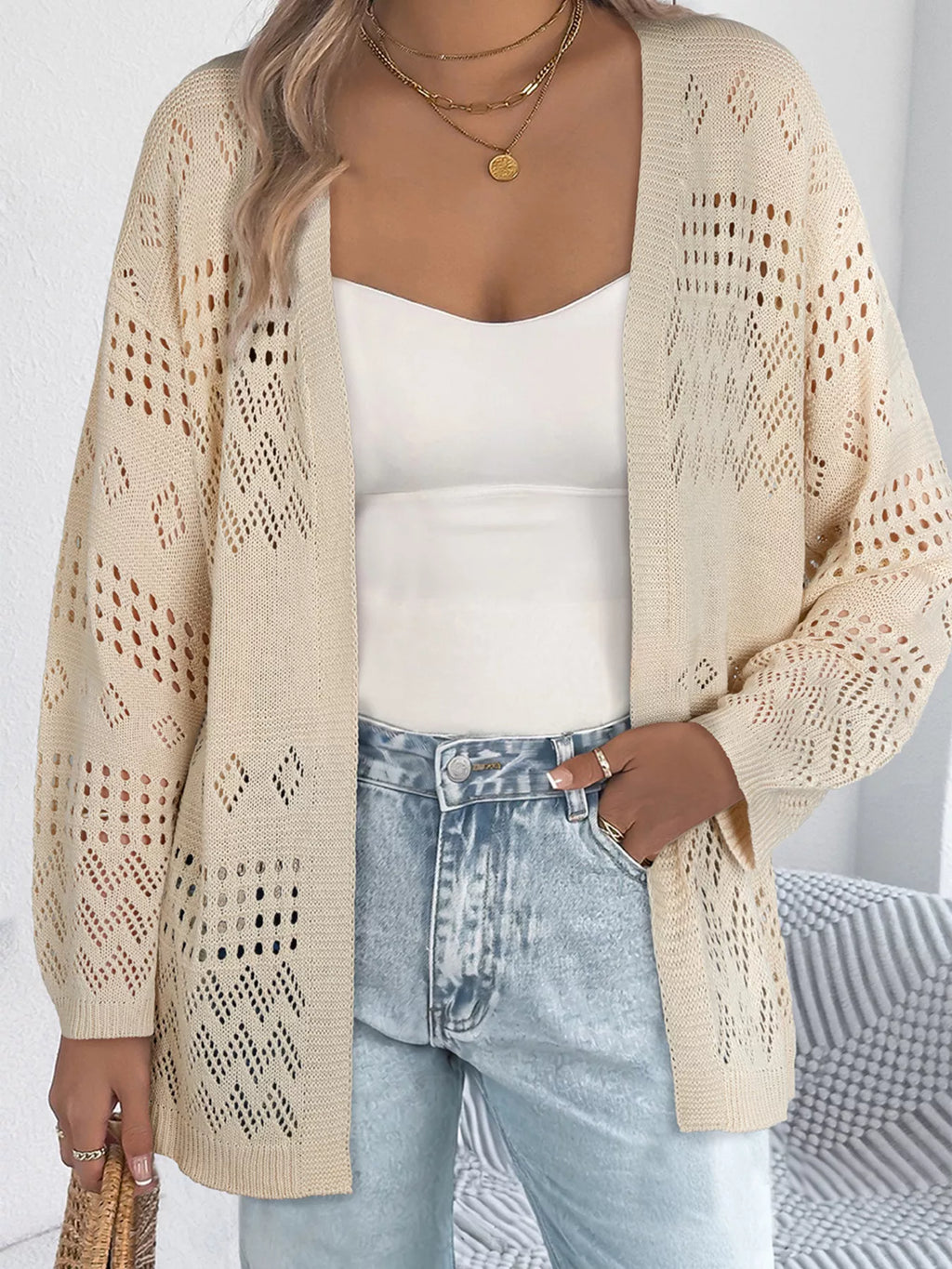 Sarah Express Women's Hollowed Knit Open Front Cardigan Beige