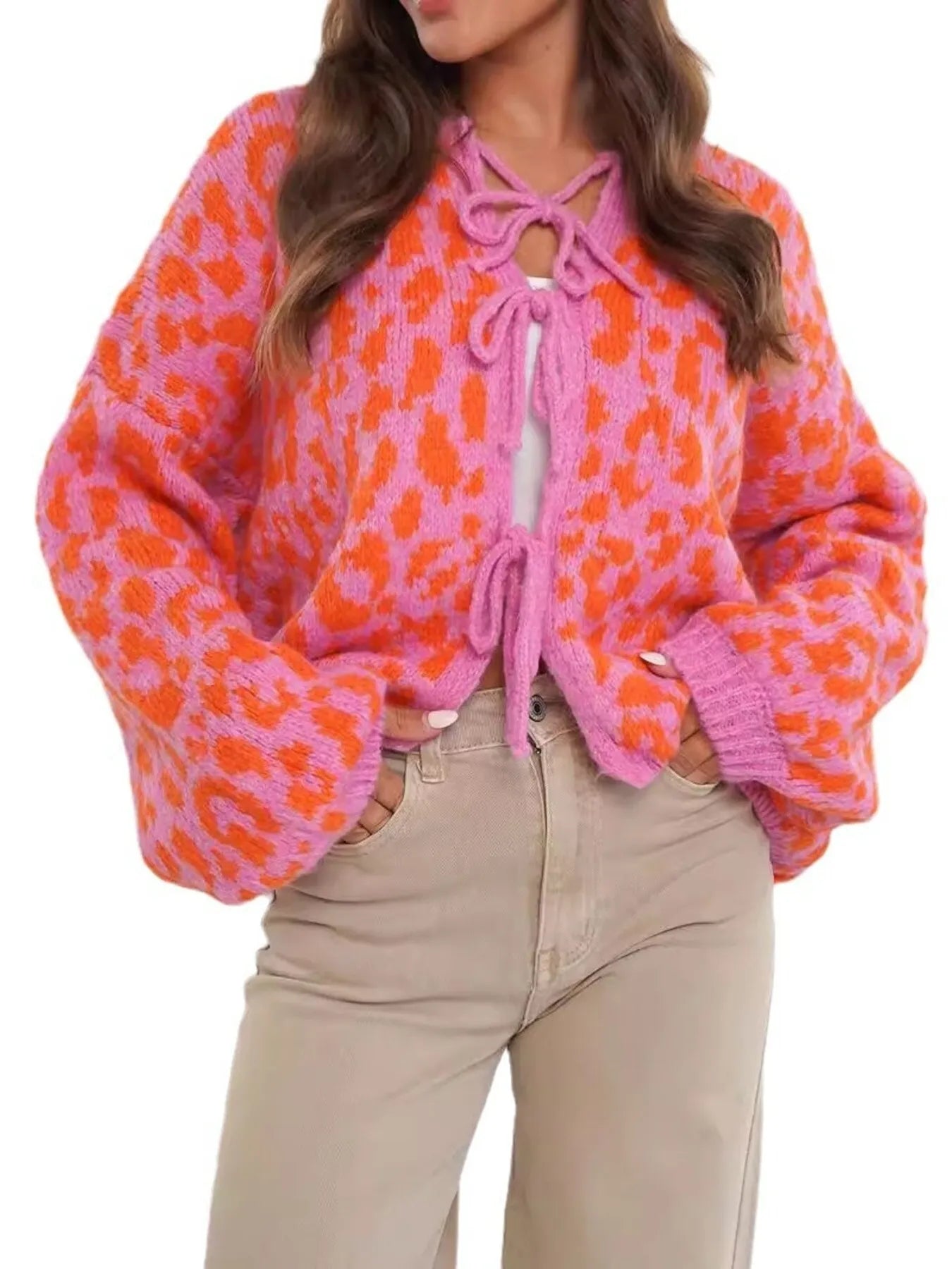 Sarah Express Women's Leopard Tie Front Cardigan Orange