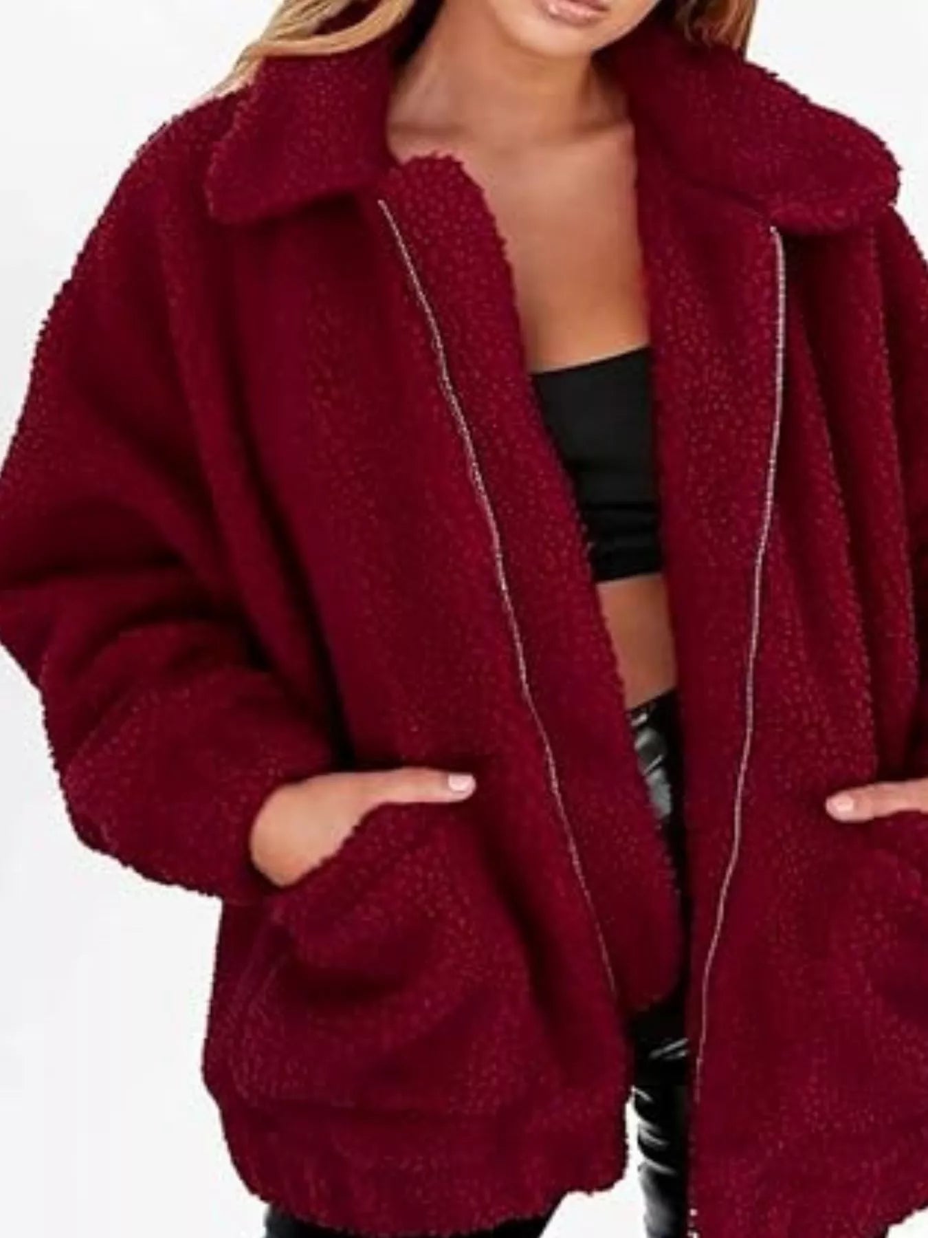 Sarah Express Women's Cozy Fleece Zip Up Jacket Plus Size Burgundy