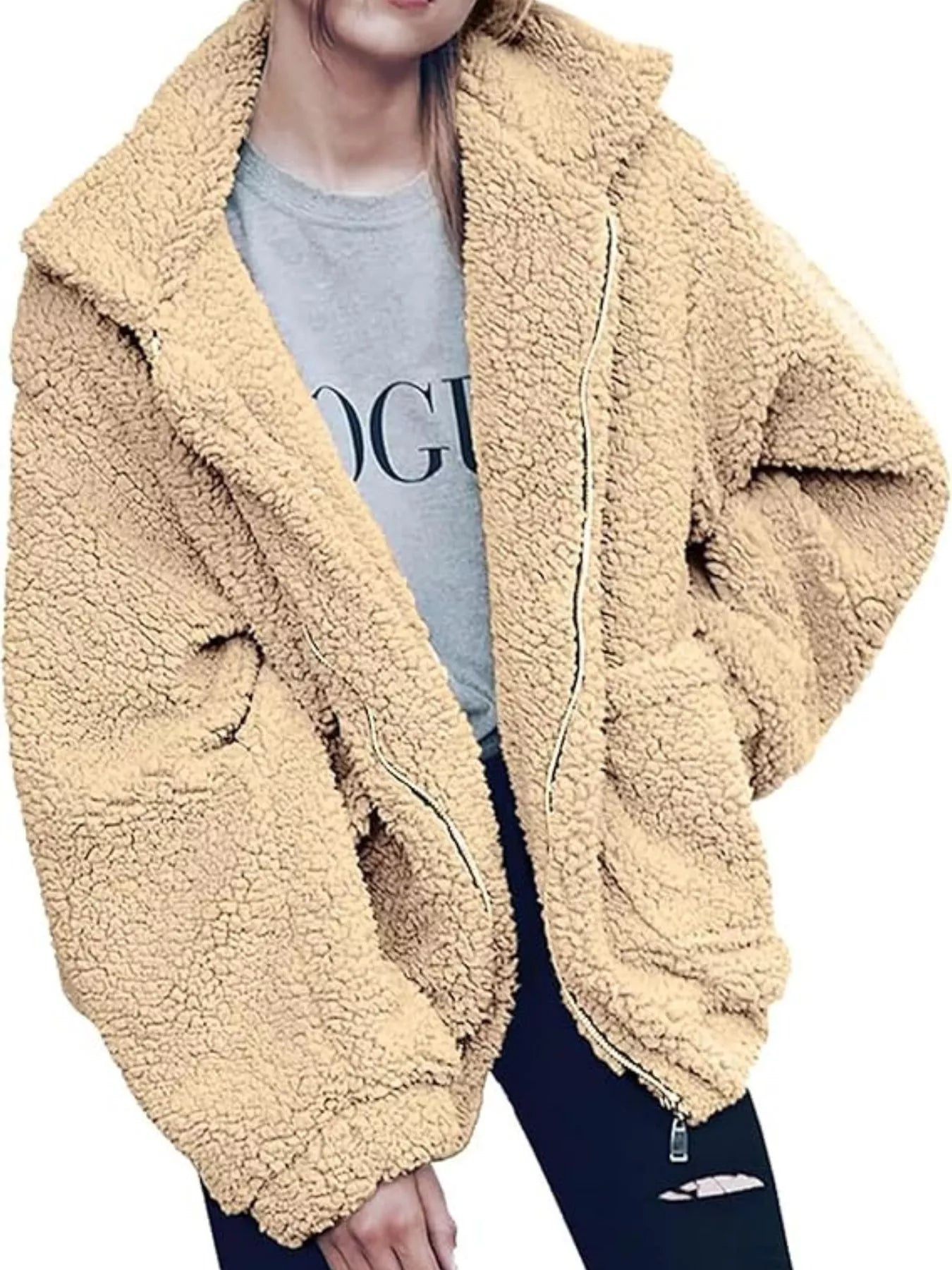 Sarah Express Women's Cozy Fleece Zip Up Jacket Plus Size Tan