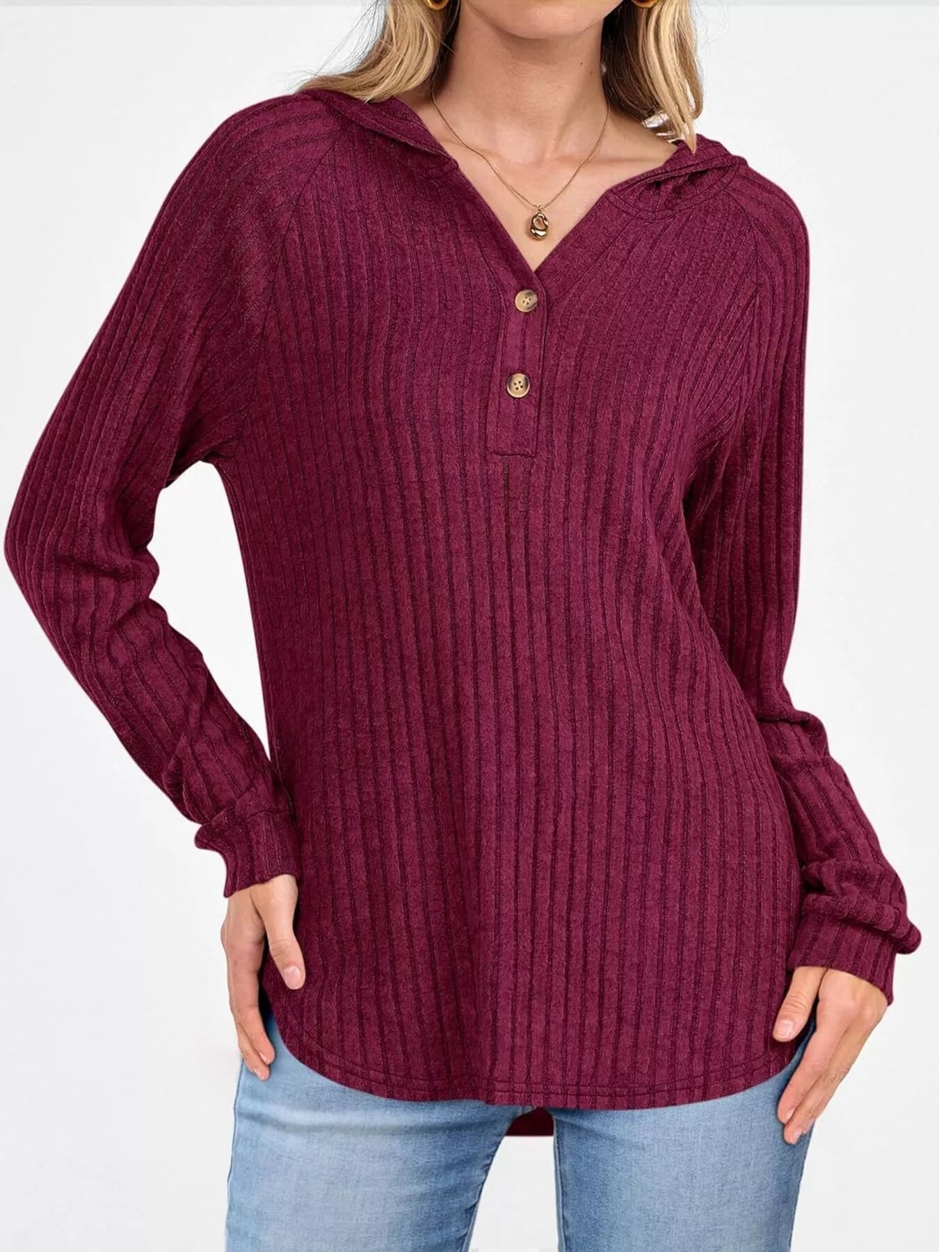 Sarah Express Women's Ribbed Knit Button Detail Hooded Top