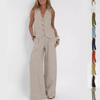 Women's V-Neck Button Vest and Straight Pants Two Piece Set