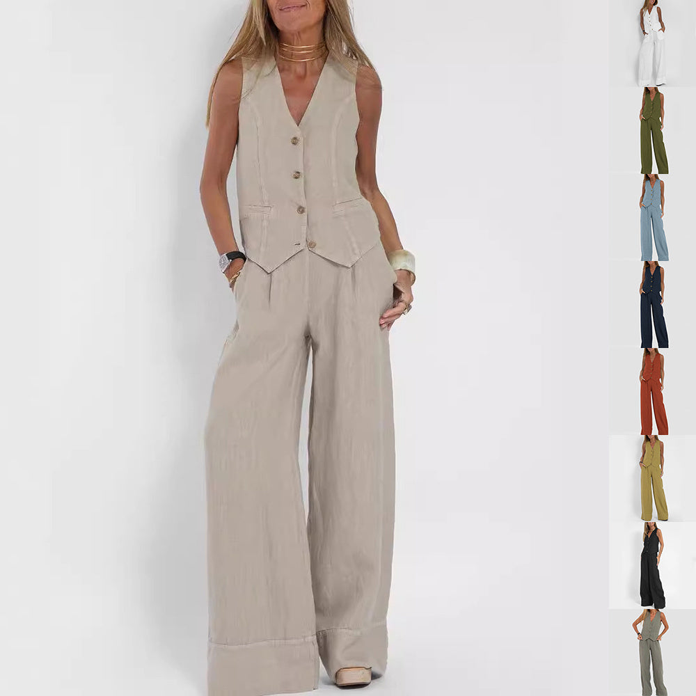 Women's V-Neck Button Vest and Straight Pants Two Piece Set