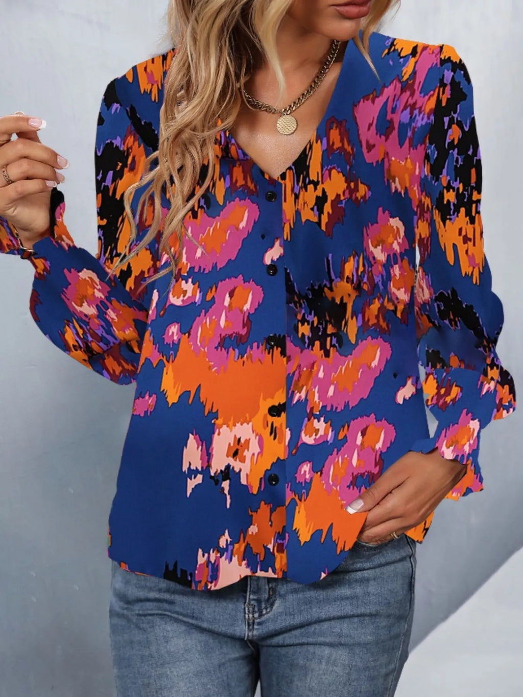 Sarah Express Women's Printed Button Up Long Sleeve Shirt