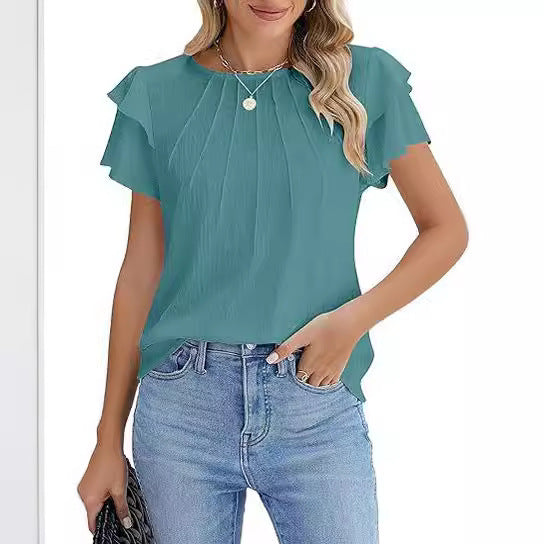 Women's Pleated Round Neck Blouse Short Sleeve Professional Work Top