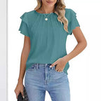 Women's Pleated Round Neck Blouse Short Sleeve Professional Work Top