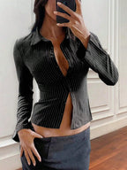 Sarah Express Women's Striped Button Up Long Sleeve Shirt