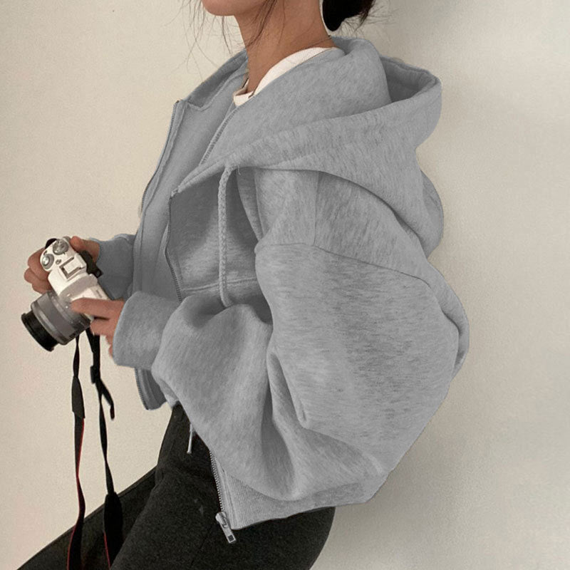 Women's Loose Fit Zipper Hoodie Long Sleeve Pockets Polyester Sweatshirt Casual Fall Winter