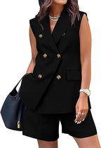Women's Double-Breasted Vest and Shorts Suit Two-Piece Business Casual Set