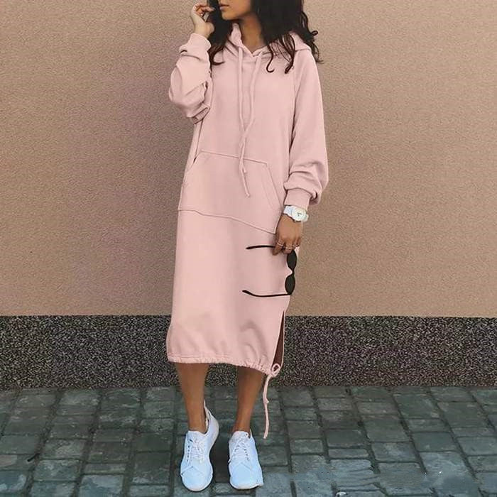 Women's Hooded Sweatshirt Dress Long Sleeve Midi Casual Pockets