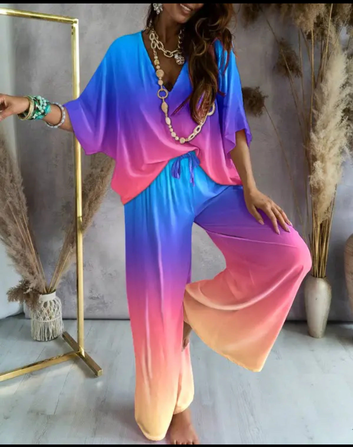 Women's Bat Sleeve Top and Pants Two Piece Casual Lounge Set Matching Coordinates