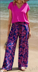 Women's V-Neck Top Botanical Print Pants Set - Two-Piece Summer Casual Outfit