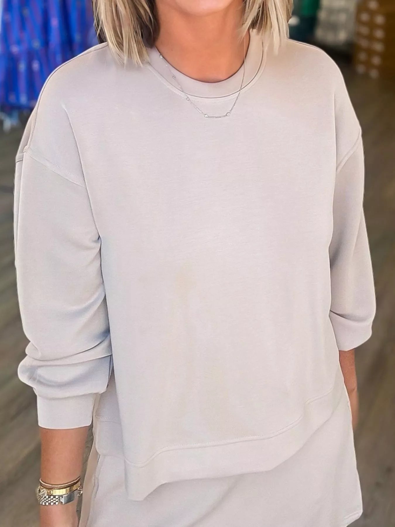 Sarah Express Women's Solid Color Drop Shoulder Pullover and Drawstring Mini Skirt 2pcs Outfit