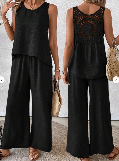 Solid Tank Top Wide Leg Pants Set 2 Piece Summer Vacation Polyester