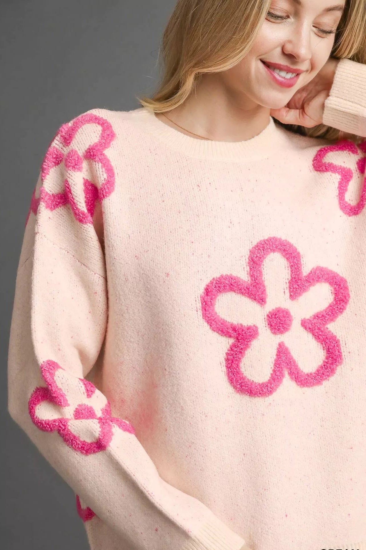 Sarah Express Women’s Round Neck Sweater with Pink Floral Accents