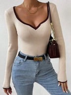 Sarah Express Women's Contrast Trim Long Sleeve Knit Top Beige