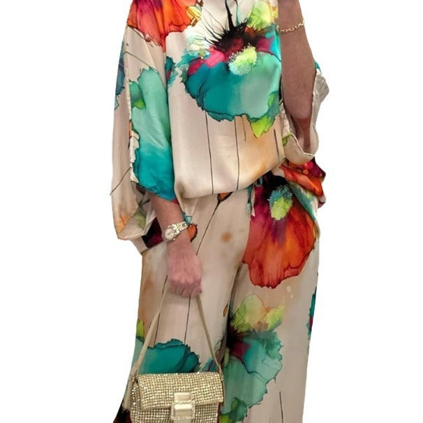Women's Printed Satin Two-Piece Suit Bell Sleeve Top and Pants Set