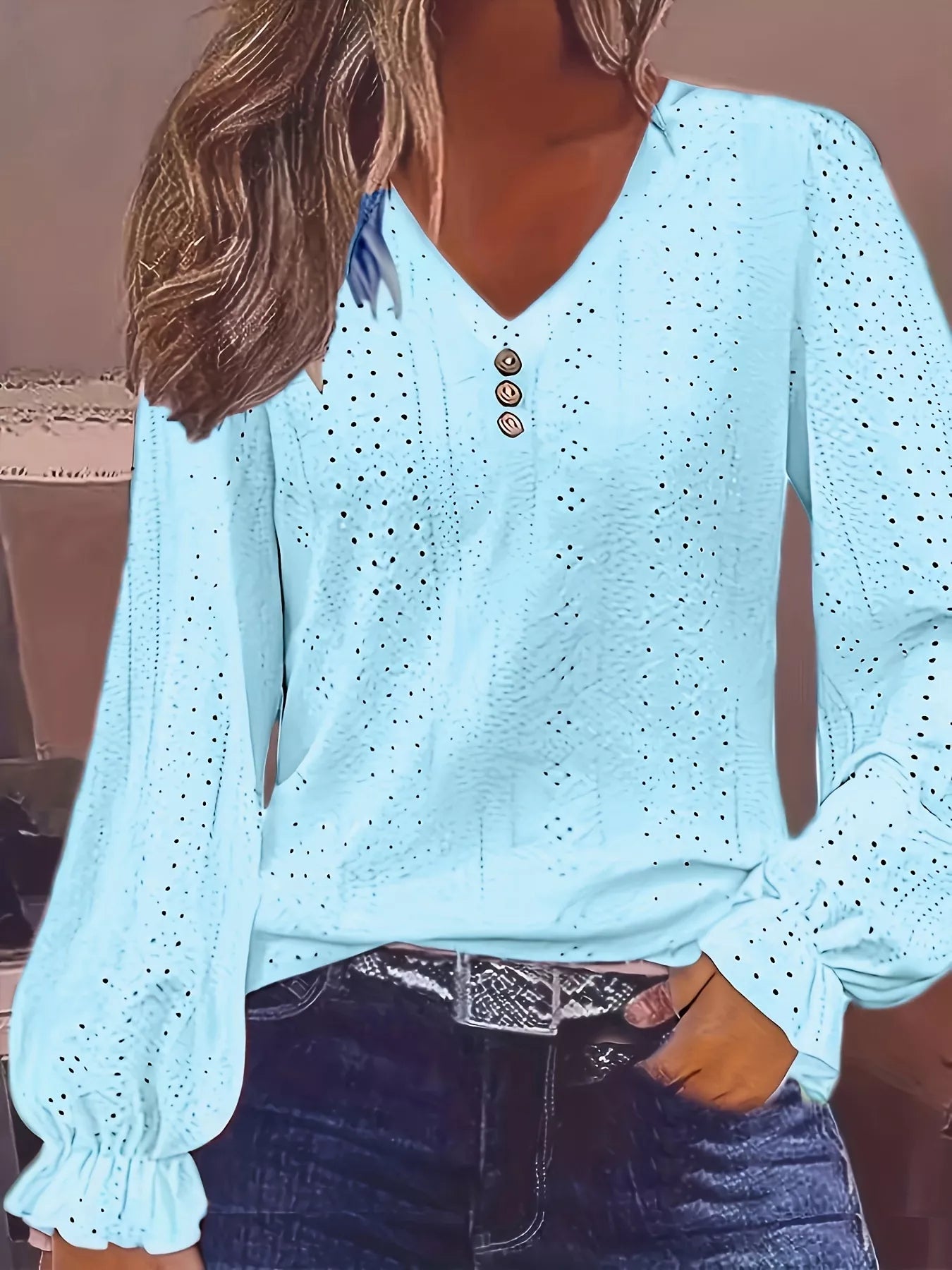 Sarah Express Women's Plus Size Eyelet V-Neck Flounce Sleeve Blouse Light Blue