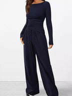 Sarah Express Women's Long Sleeve Top and Wide Leg Pants Set - Two Piece Outfit