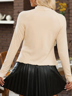 Sarah Express Women's Ribbed Knit Lettuce Trim Mock Neck Long Sleeve Top