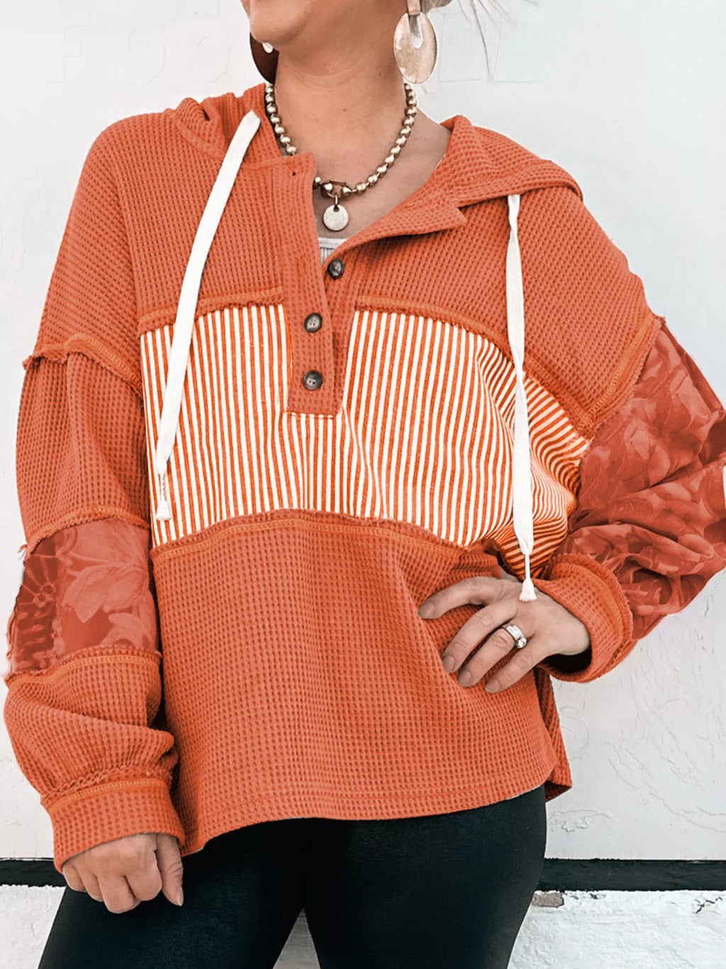 Sarah Express Women's Waffle Knit Color Block Striped Drawstring Hoodie