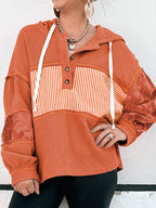 Sarah Express Women's Waffle Knit Color Block Striped Drawstring Hoodie