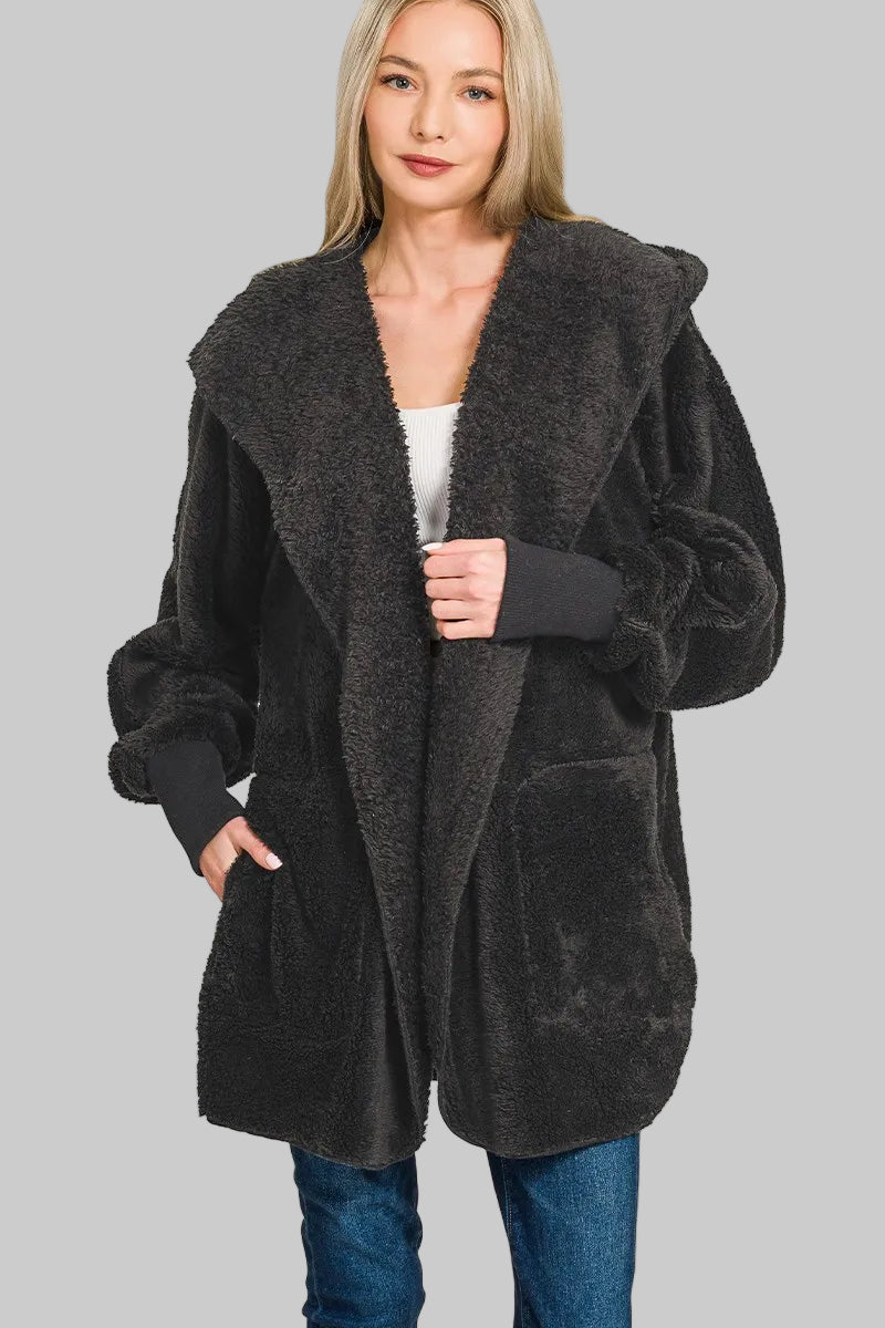Hooded Faux Fur Jacket with Pockets
