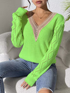 Sarah Express Women's V-Neck Hollow Knit Sweater - Openwork Design