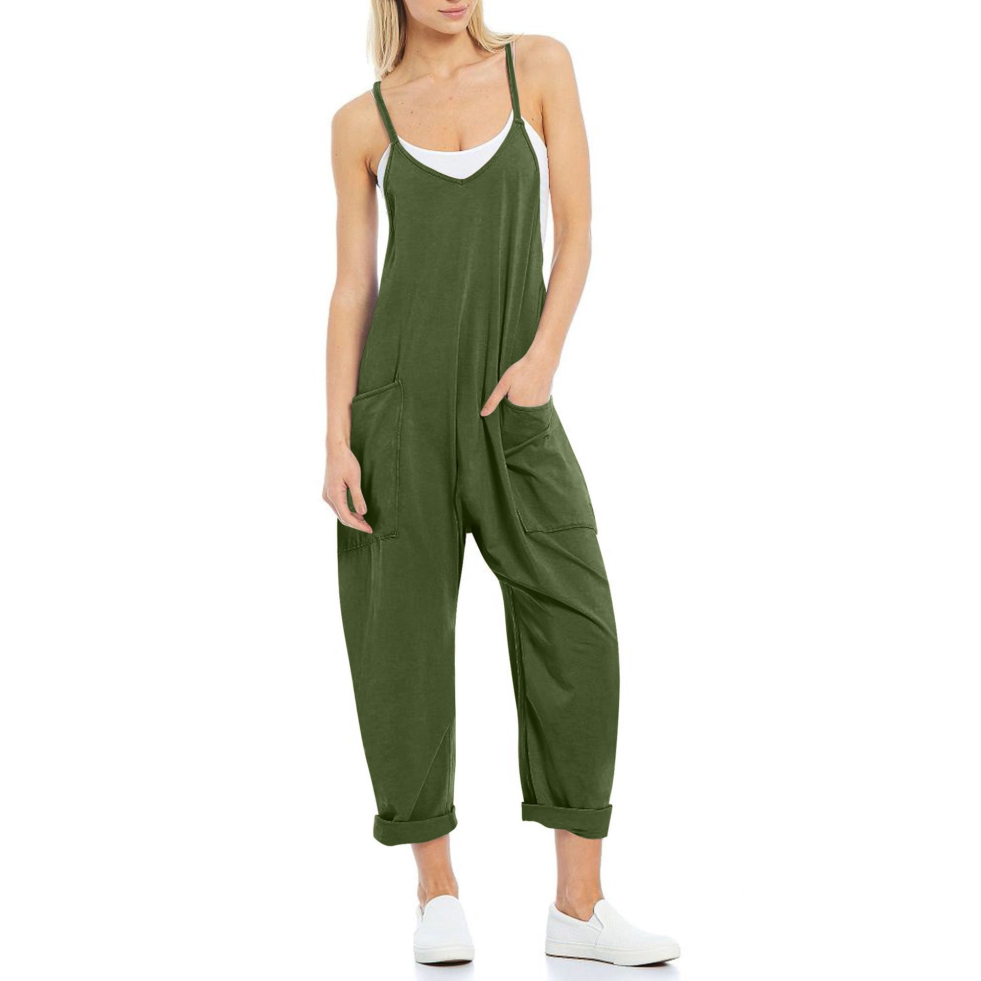 Women's Knitted Spaghetti Strap Jumpsuit - Loose Fit Wide Leg Overalls with Pockets