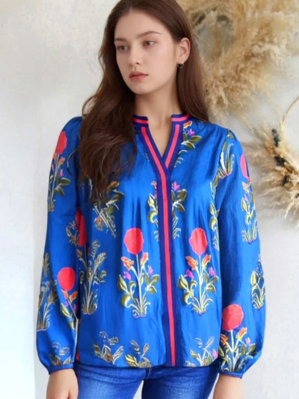 Sarah Express Women's Floral Notched Balloon Sleeve Blouse