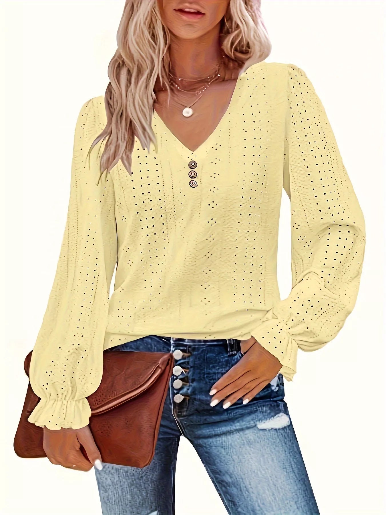 Sarah Express Women's Plus Size Eyelet V-Neck Flounce Sleeve Blouse Yellow
