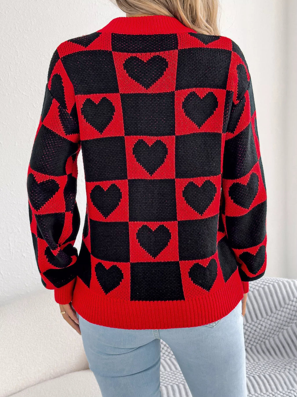 Sarah Express Women's Heart Checkerboard Pattern Round Neck Sweater