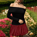 Off-Shoulder High Waist Dress Long Sleeve Contrast Stitching